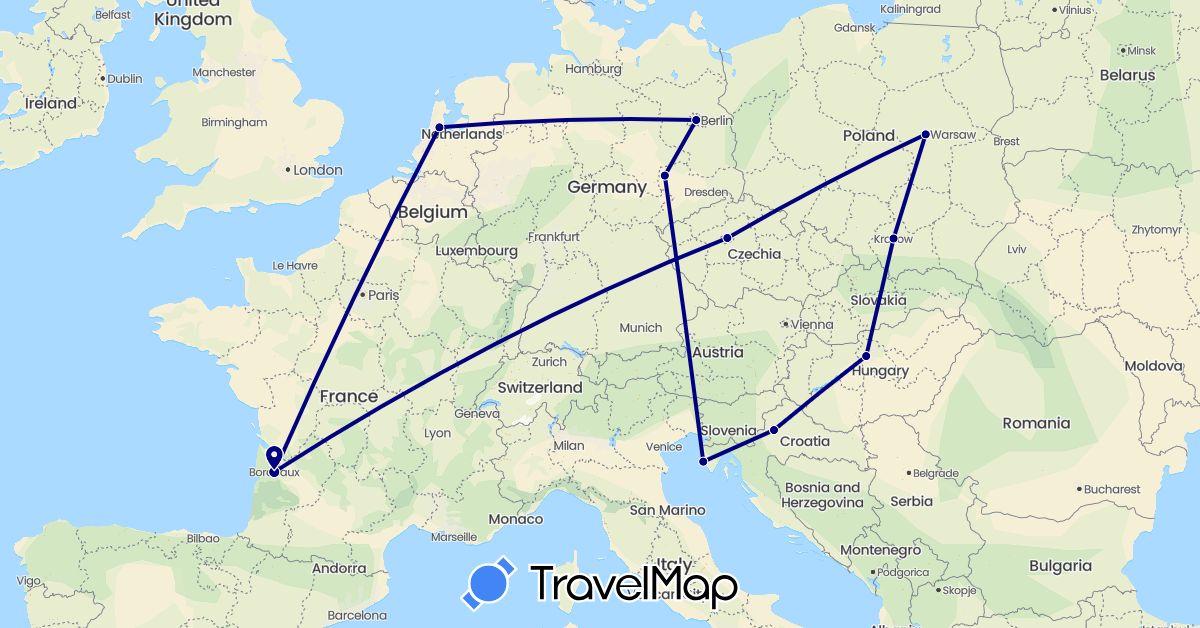 TravelMap itinerary: driving in Czech Republic, Germany, France, Croatia, Hungary, Netherlands, Poland (Europe)